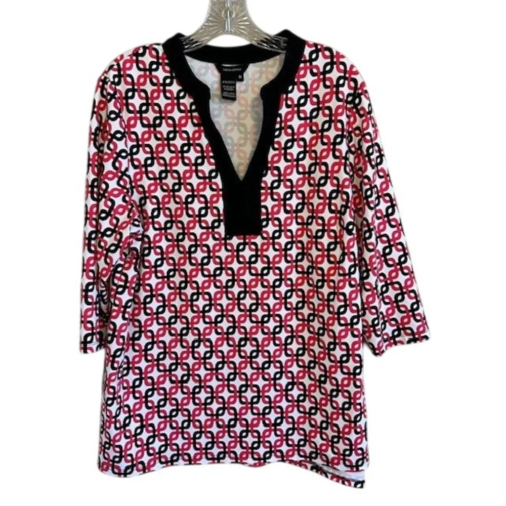 Jules & Leopold Multicolor Geometric Print V-Neck 3/4 Sleeve Tunic Blouse 1X - Picture 1 of 6